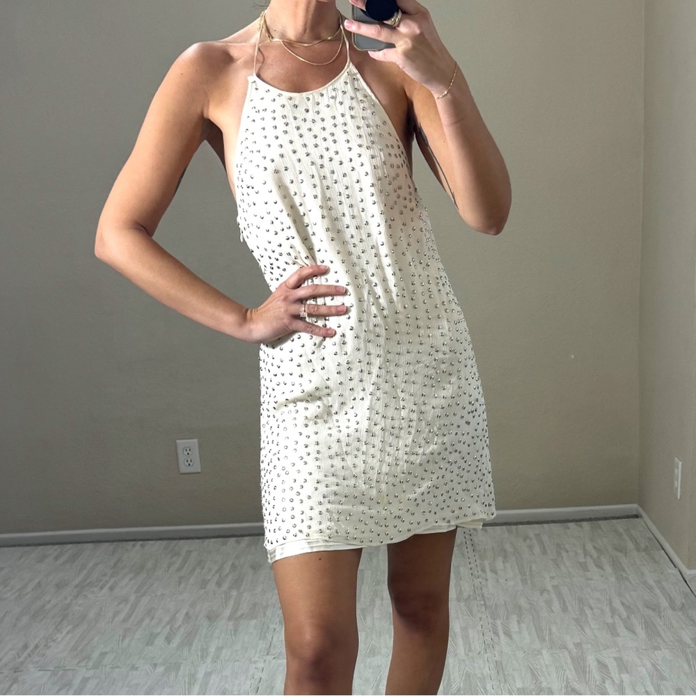 Alice + Olivia Silk Studded Halter Mini Dress